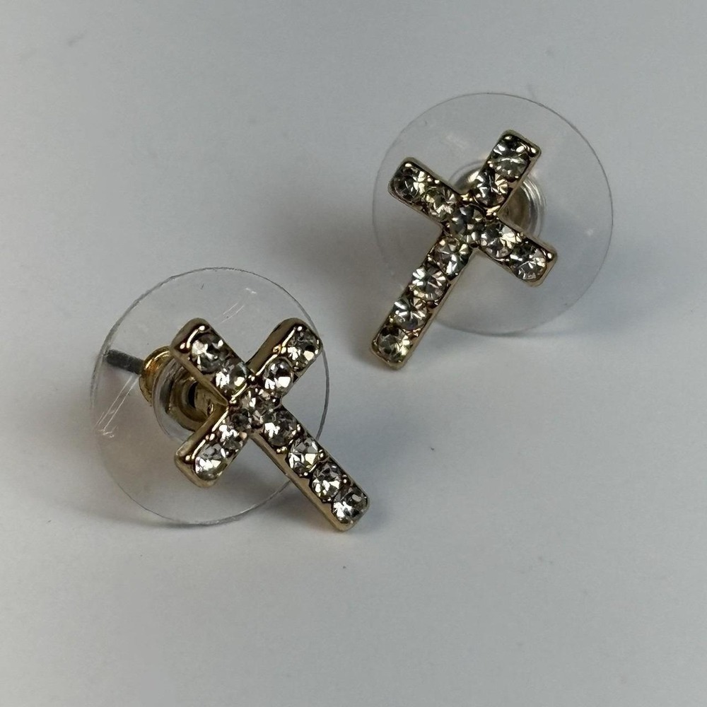 Dainty Gold Tone Cross Earrings Tiny‎ Rhinestone Religious Crucifix Jewelry